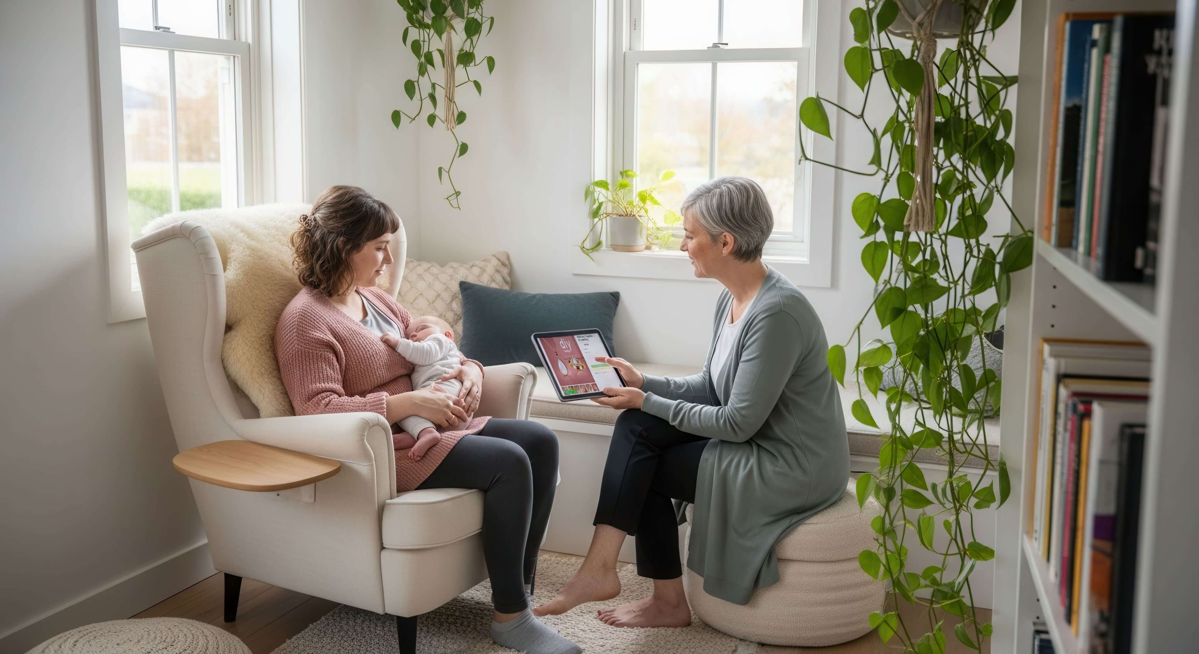 Mother in consultation with baby and iPad