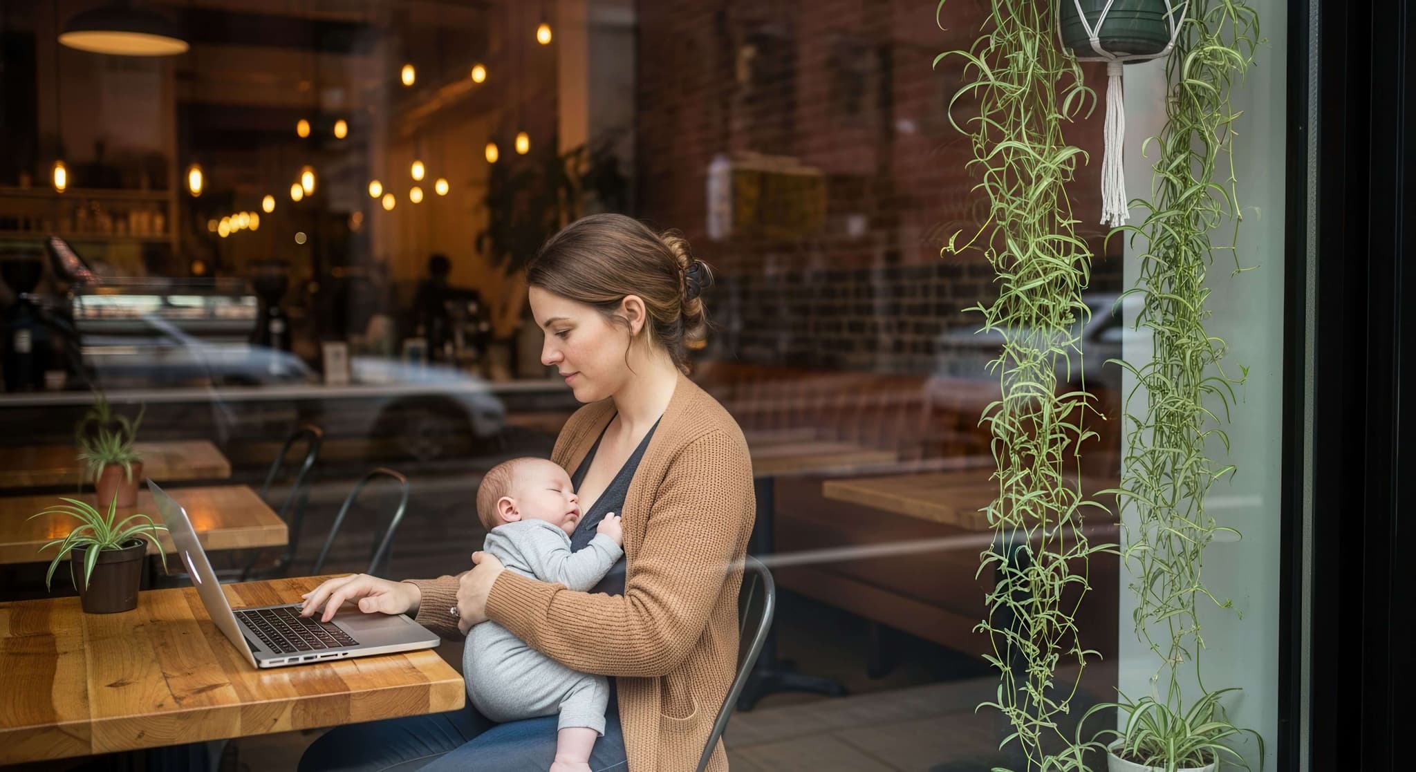 Mother working in coffee house with baby
